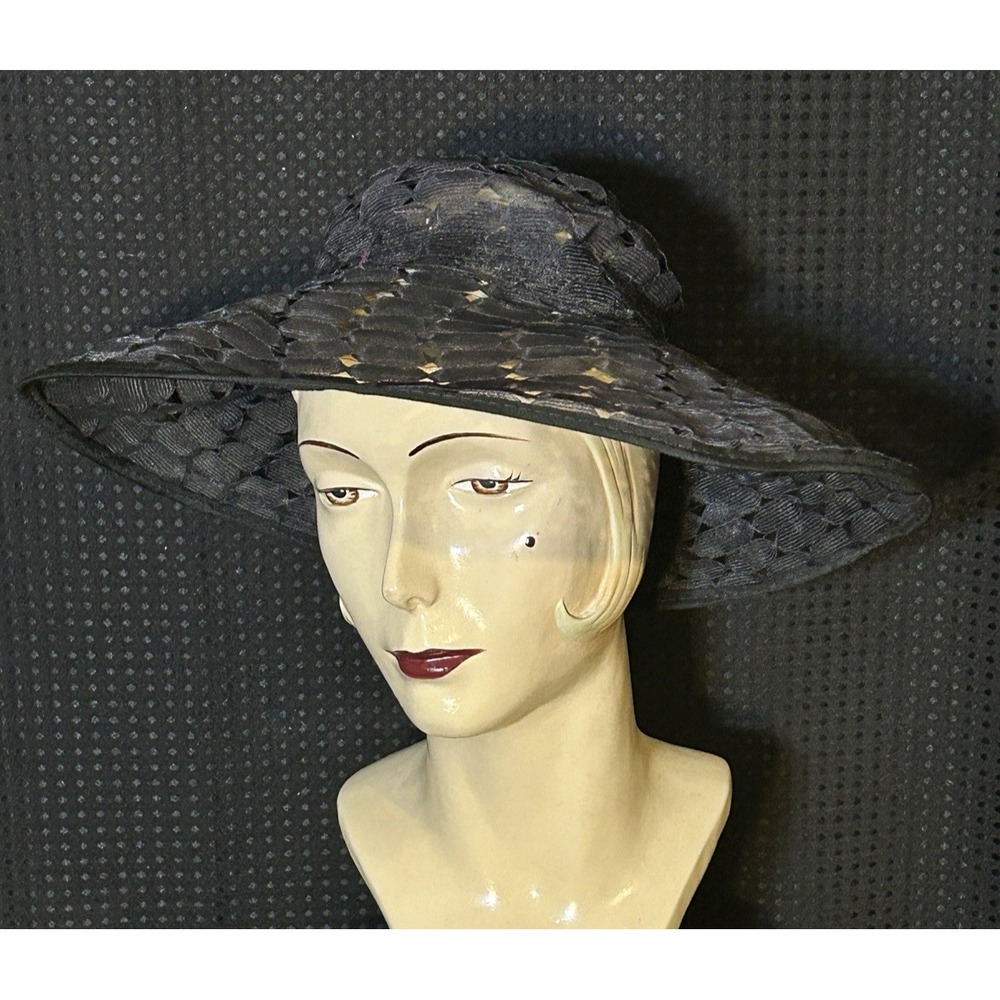 Union Millinery 50s Black Raffia Weave Wide Brimmed Hat Elegant!